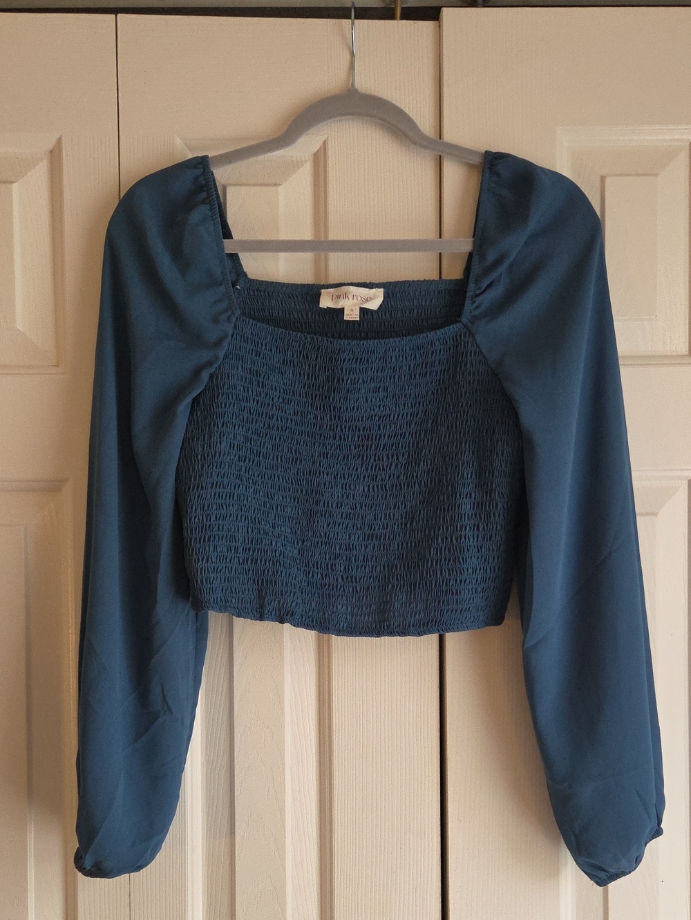 Pink Rose Teal Smocked Long-Sleeve Crop Top